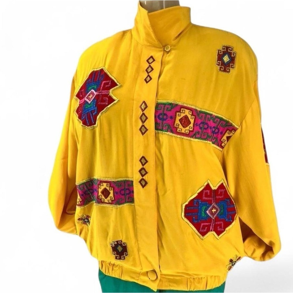 Rare Vintage 90s Adrianna Papell  Silk Jacket –Yellow + Navajo Embroidery – M